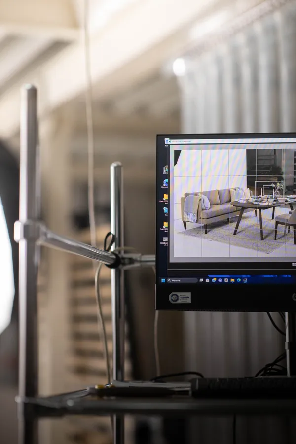 Podgląd na żywo (tethering) z aparatu na monitorze w TPi Studio, umożliwiający precyzyjne ustawienie kadru i oświetlenia mebli w czasie rzeczywistym