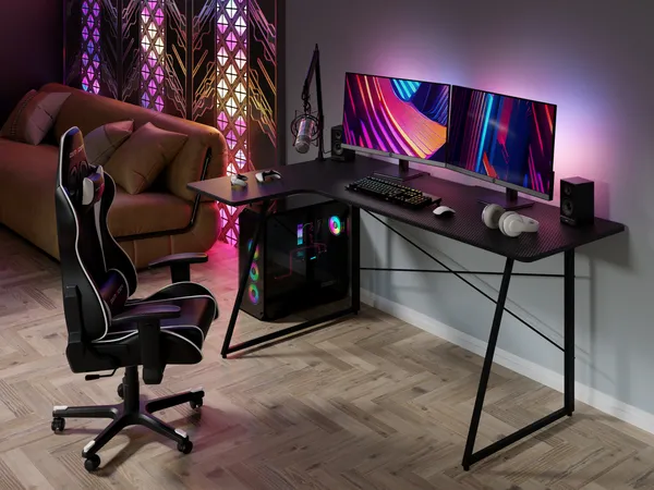 Biurko gamingowe - model 3D wykonany przez TPI Studio na podstawie dokumentacji klienta, wizualizacja wnętrza w stylu gamingowym