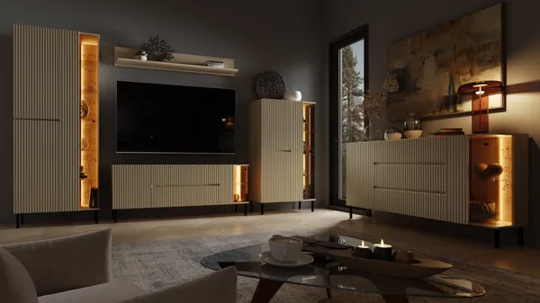 Wizualizacja wnętrza w półcieniu - modele 3D szafek wykonane na podstawie dokumentacji klienta, podświetlane witryny z odwzorowanymi dekoracjami