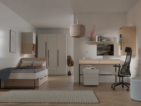 Pokój młodzieżowy w eleganckim stylu - wizualizacja wnętrza z modelami 3D mebli wykonanymi na podstawie dokumentacji