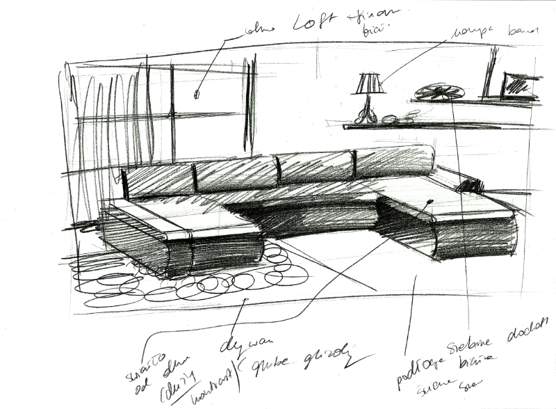 Odręczny szkic mebla tapicerowanego przedstawiający wstępną koncepcję aranżacji wnętrza z oknem i półkami